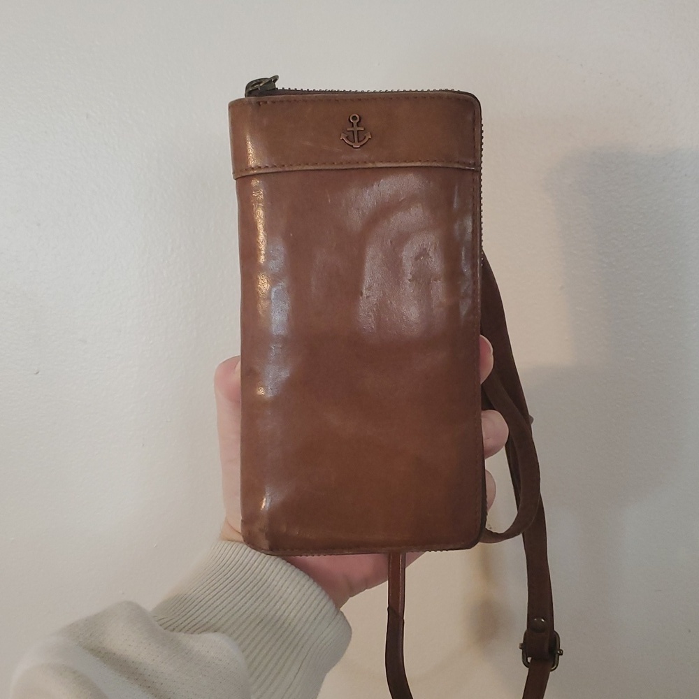 Harbour 2nd Brown Leather Phone Wallet Crossbody Bag Anchor Print Cutouts